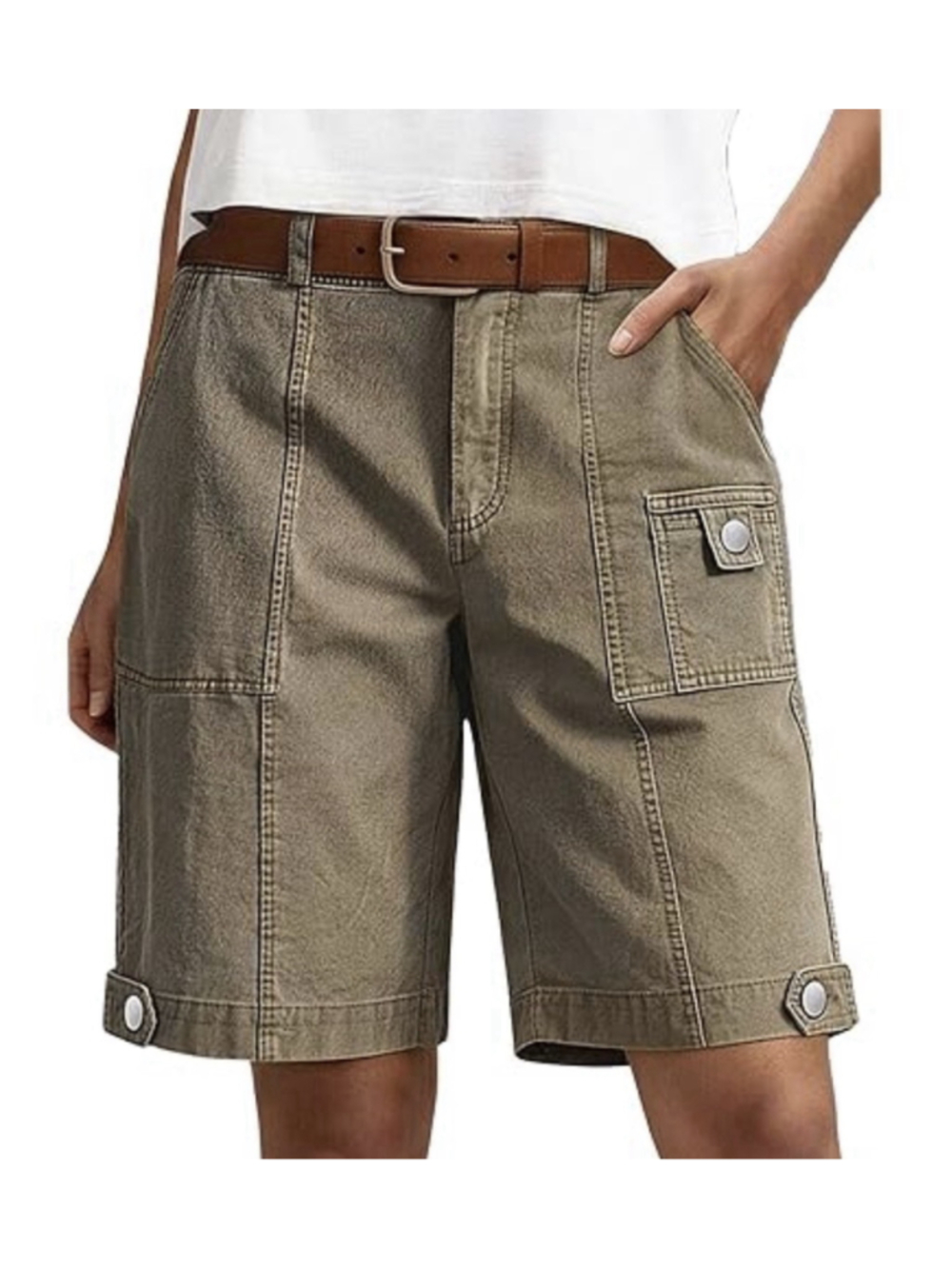 Seam Front Flap Pocket Button Hem Mid Rise Bermuda Shorts Without Belt XL